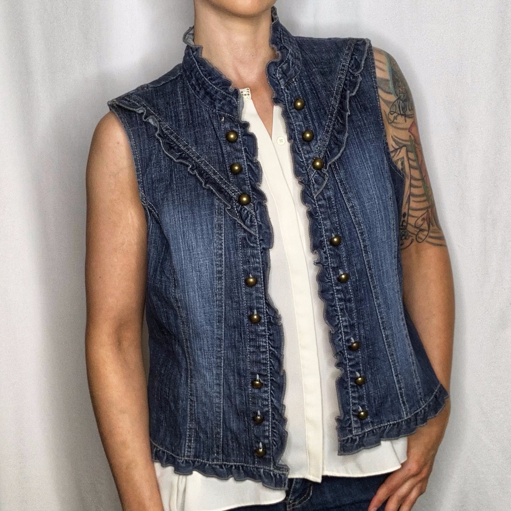 Tribal Denim Ruffle and Button Vest Size 10